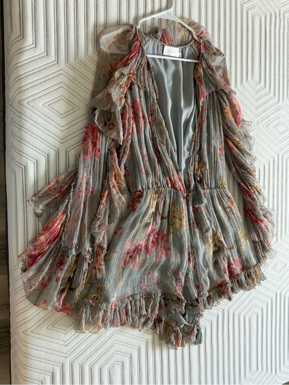Zimmermann Gray Floral Ruffle Romper with Pink & Yellow Accents